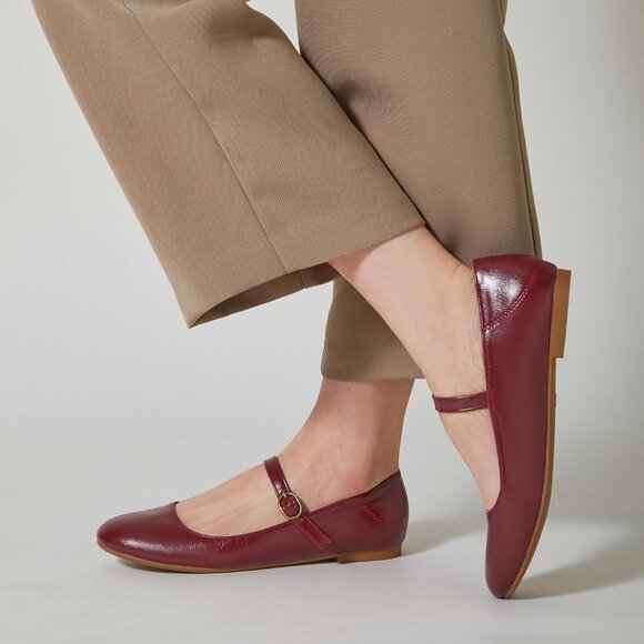 Trary Women Burgundy Leather Round Toe Mary Jane Ankle Strap Ballet Flats Shoes - Picture 5 of 6